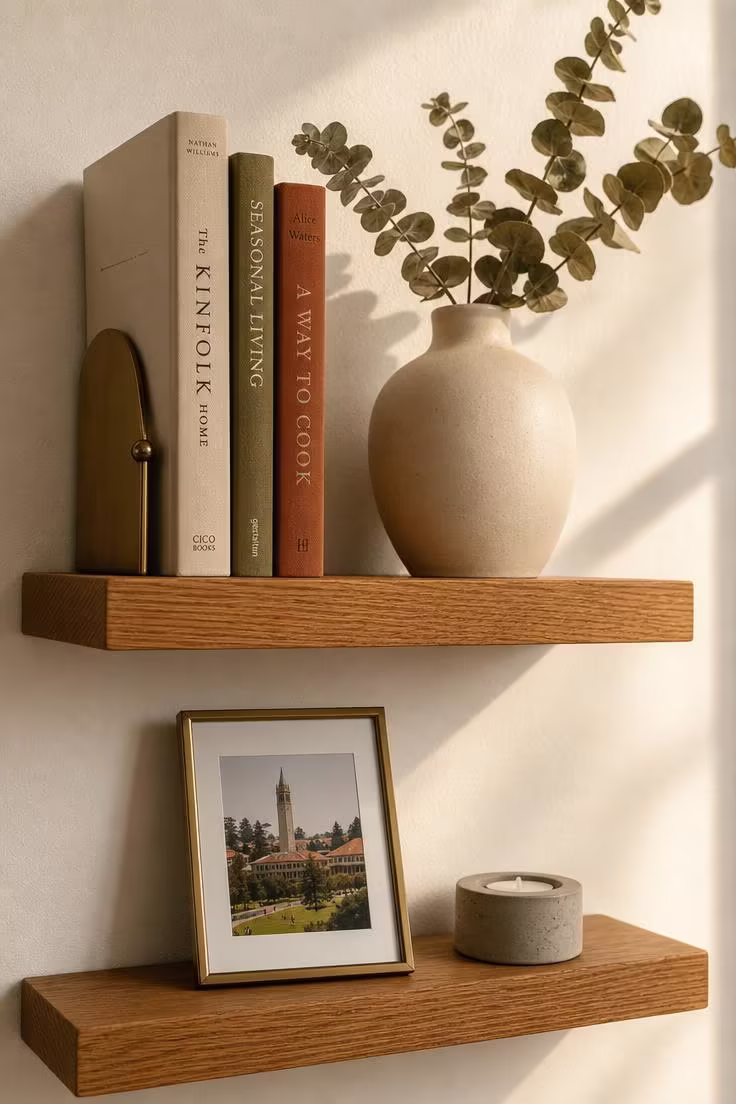Two floating wooden shelves on a dorm wall styled with books, dried eucalyptus in a ceramic vase, and a small framed photo in warm afternoon light.