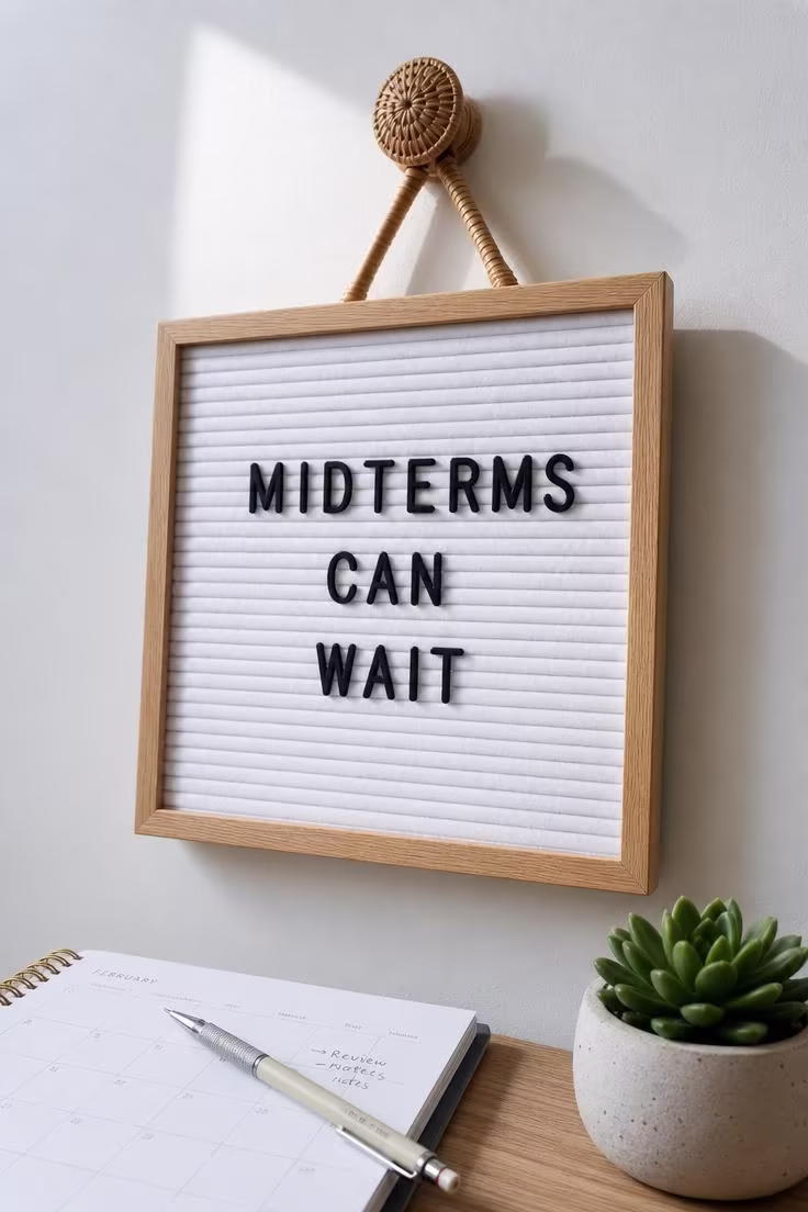 A white felt letter board with black letters spelling MIDTERMS CAN WAIT hanging from a rattan hook on a dorm wall in cool morning light.