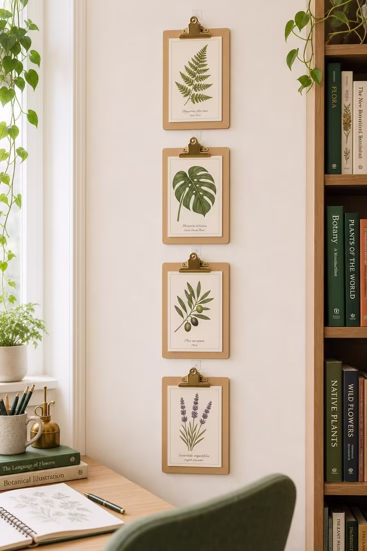 Four wooden clipboards mounted vertically on a dorm wall, each holding a different botanical print, seen from a desk chair perspective in bright daylight.