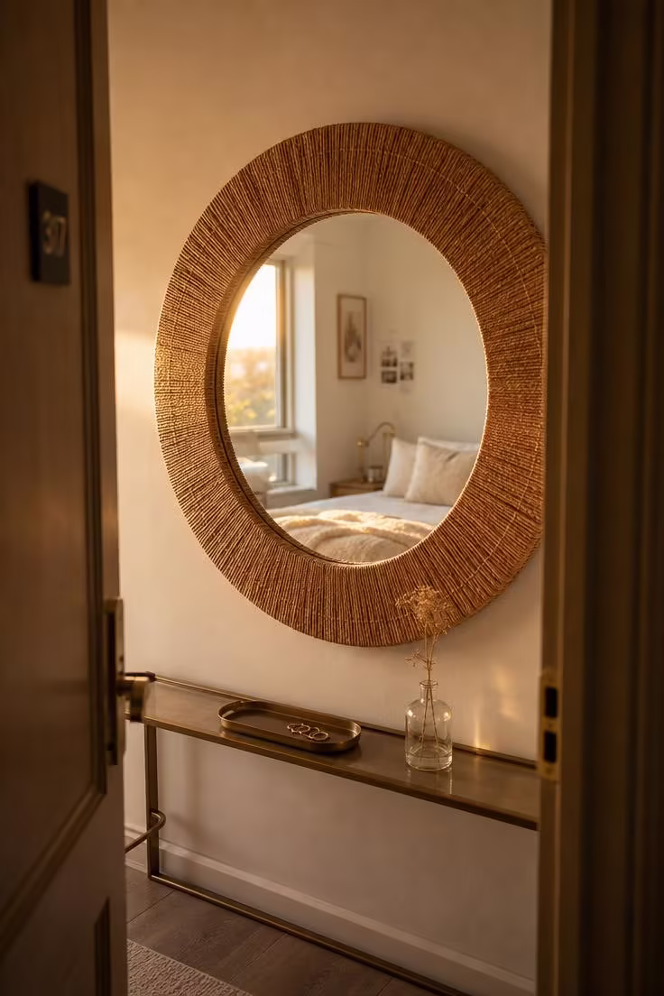 An oversized round mirror with a raffia-wrapped frame mounted on a dorm wall, reflecting golden hour light from the opposite window, seen from the doorway.