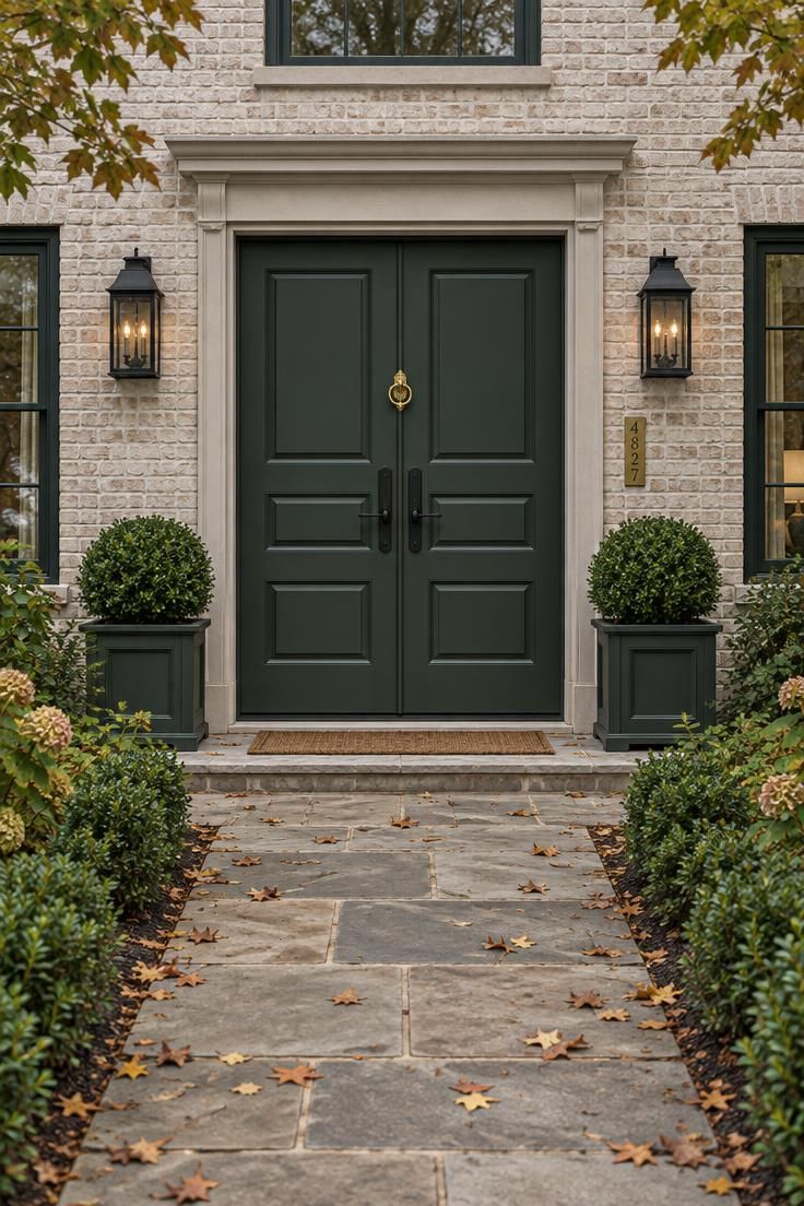Pale brick home facade with two matching matte forest-green paneled doors, centered brass knocker, symmetrical boxwood planters, and a flagstone path leading to the center.