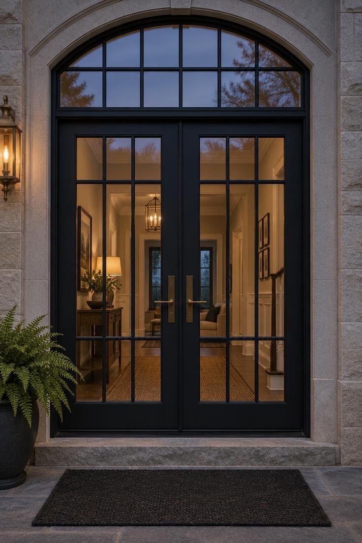 Two glazed doors with black grids topped by a matching fanlight transom, photographed at dusk with warm interior light visible through the glass.