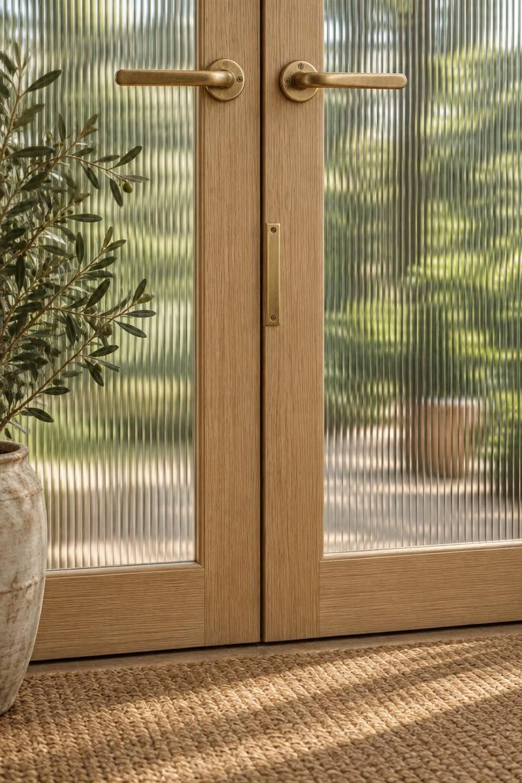 Close-up of reeded glass doors in pale oak frames with brass lever handles, with late afternoon light diffusing through the fluted glass onto a jute mat.