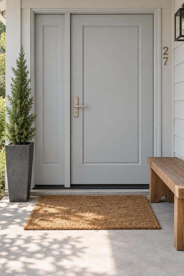 Asymmetrical double door with a narrow fixed leaf and a wide active leaf, a tall planter on the narrow side and a low bench on the active side.