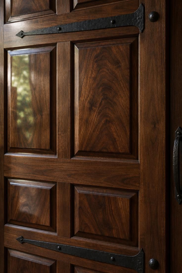Close-up of a walnut six-panel raised door with visible grain and blackened wrought-iron strap hinges crossing the door edge.