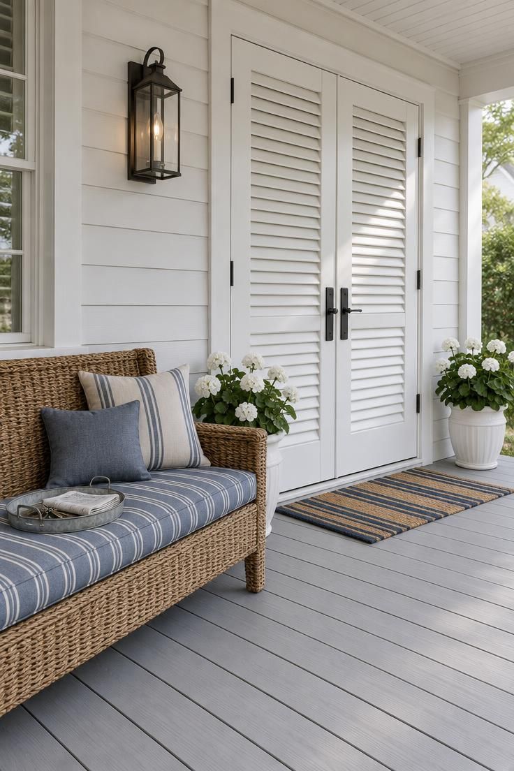 White louvered double doors on a shaded porch with a wide woven bench, blue-striped cushion, and a small galvanized tray beside the entry.