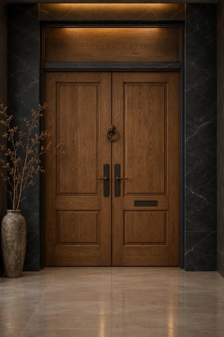 Stained oak double doors inside a dark soapstone-look surround with a transom, oil-rubbed bronze hardware, and a pale tile floor.