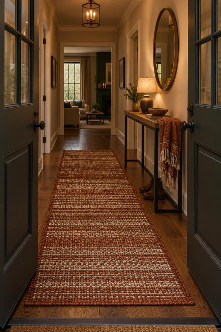 Interior view through two open door leaves showing a long woven runner and a slim console against the side wall.