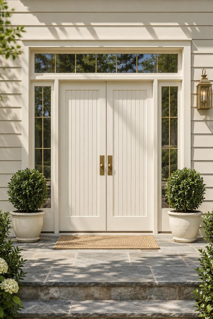 Cream beadboard double doors with a rectangular transom and brass-toned grilles in the sidelights, against painted clapboard siding.