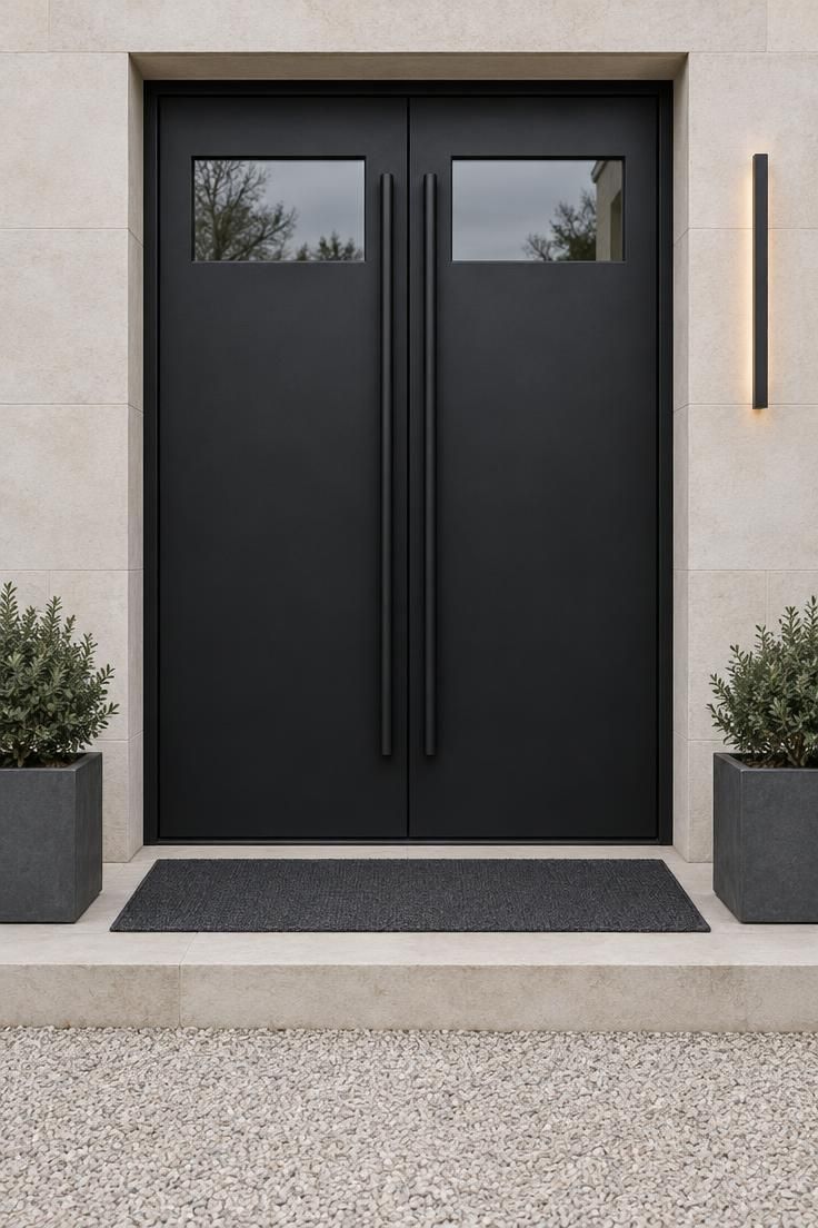 Matte black metal double doors with narrow top glazing and full-height linear pulls, set against pale stone with a gravel approach.