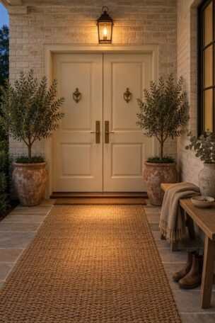 Cozy evening view of a double door entryway with warm cream paneled doors, brass hardware, olive trees in terracotta pots, a wall lantern glow, and a woven runner leading to a bench with a folded throw.