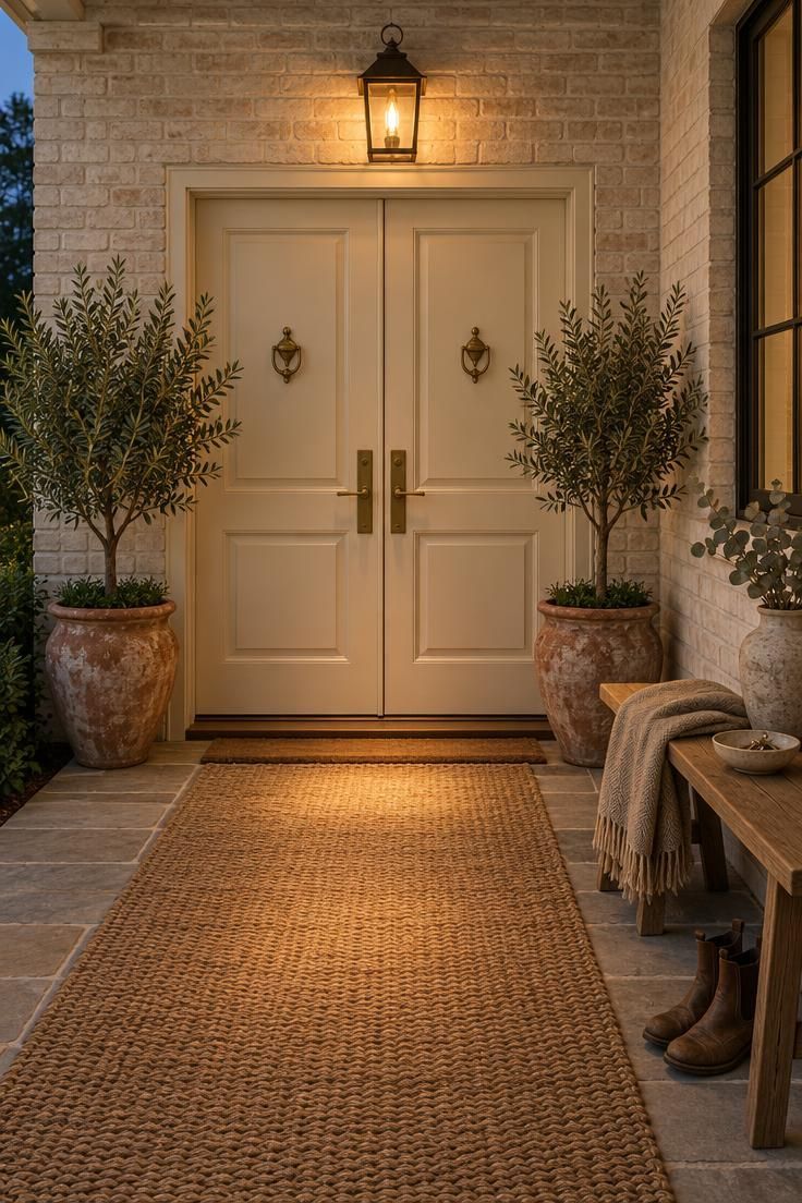 Cozy evening view of a double door entryway with warm cream paneled doors, brass hardware, olive trees in terracotta pots, a wall lantern glow, and a woven runner leading to a bench with a folded throw.
