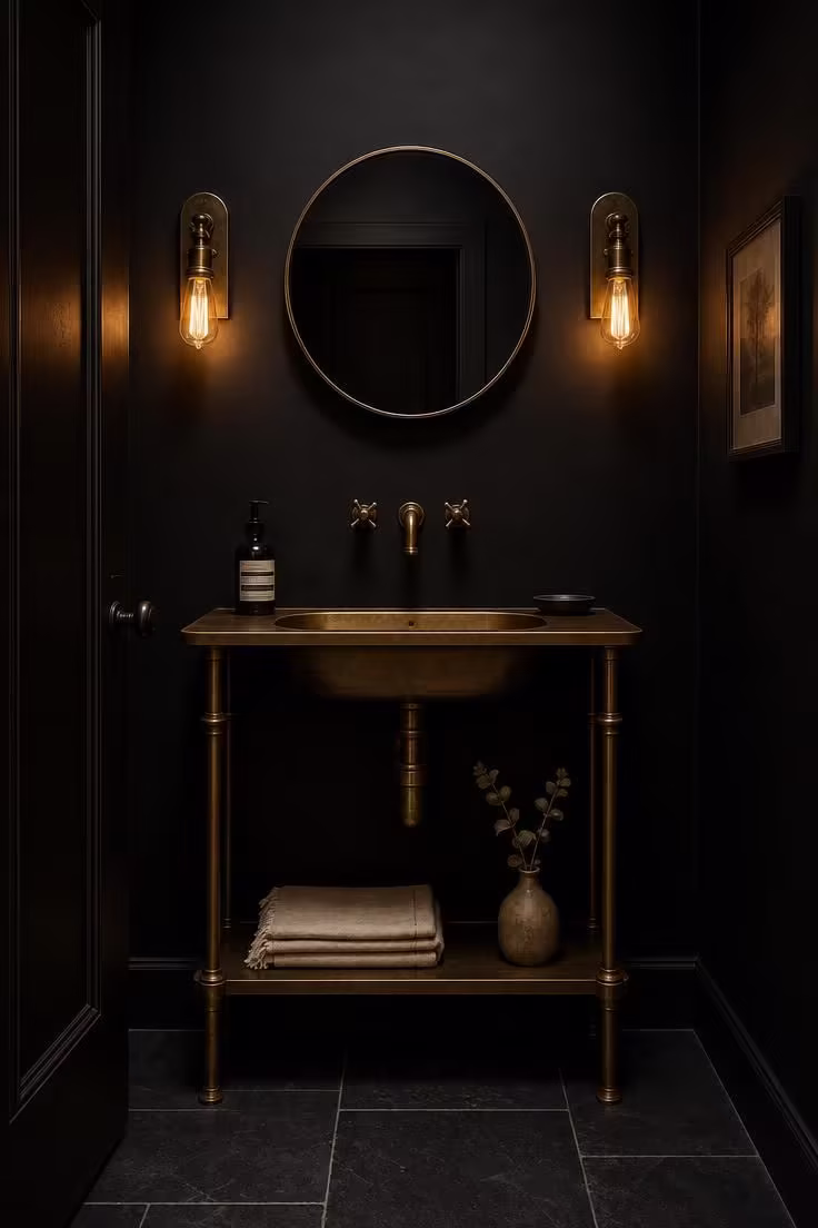 Matte black powder room with unlacquered brass console sink and filament bulb sconces