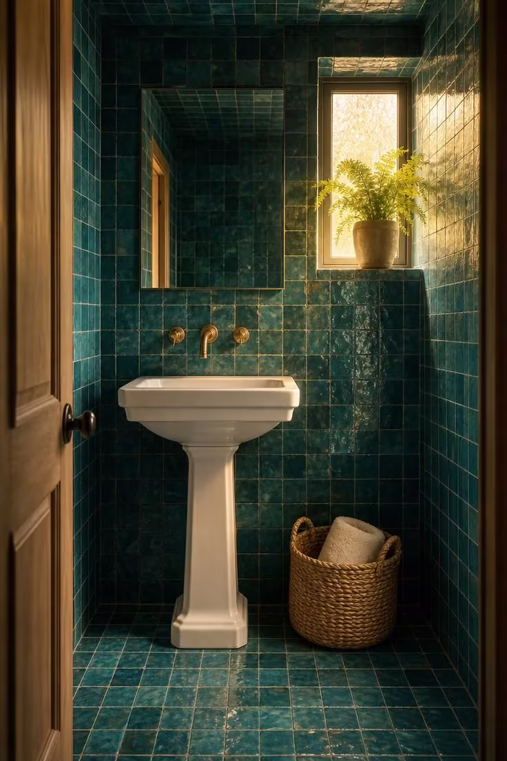 Floor-to-ceiling deep teal zellige tile powder room with white pedestal sink and brass faucet