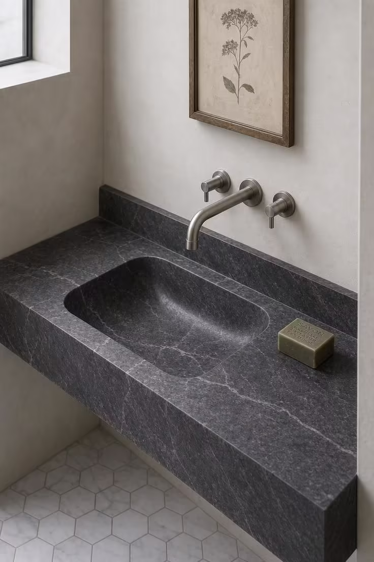 Honed soapstone slab vanity with integrated basin and brushed nickel faucet in powder room