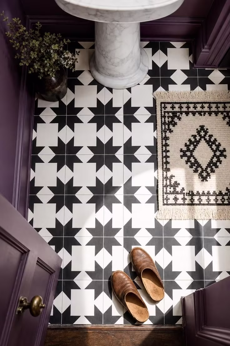 Overhead view of black-and-white encaustic tile floor with plum walls in dramatic powder room