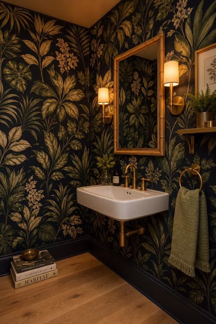 Dark botanical wallpaper powder room with brushed gold fixtures and bamboo-framed mirror