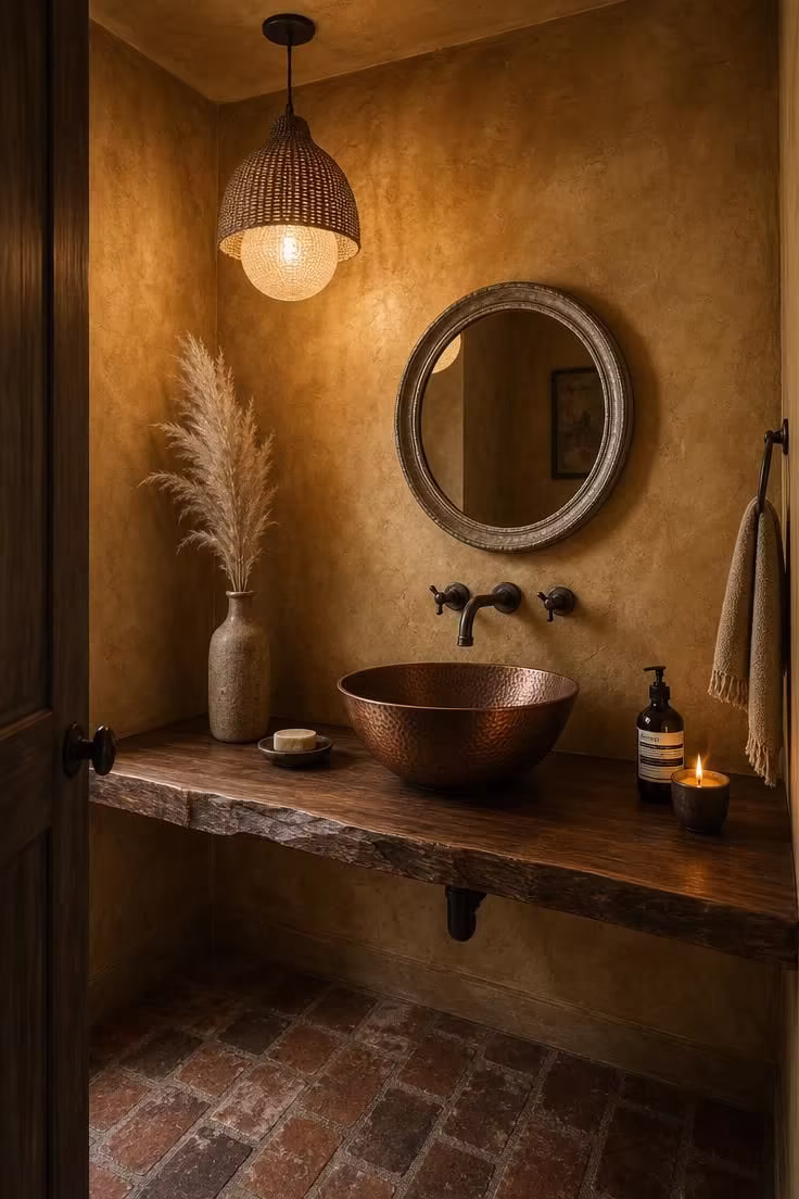 Venetian plaster powder room with hammered copper vessel sink on walnut counter and jute pendant light