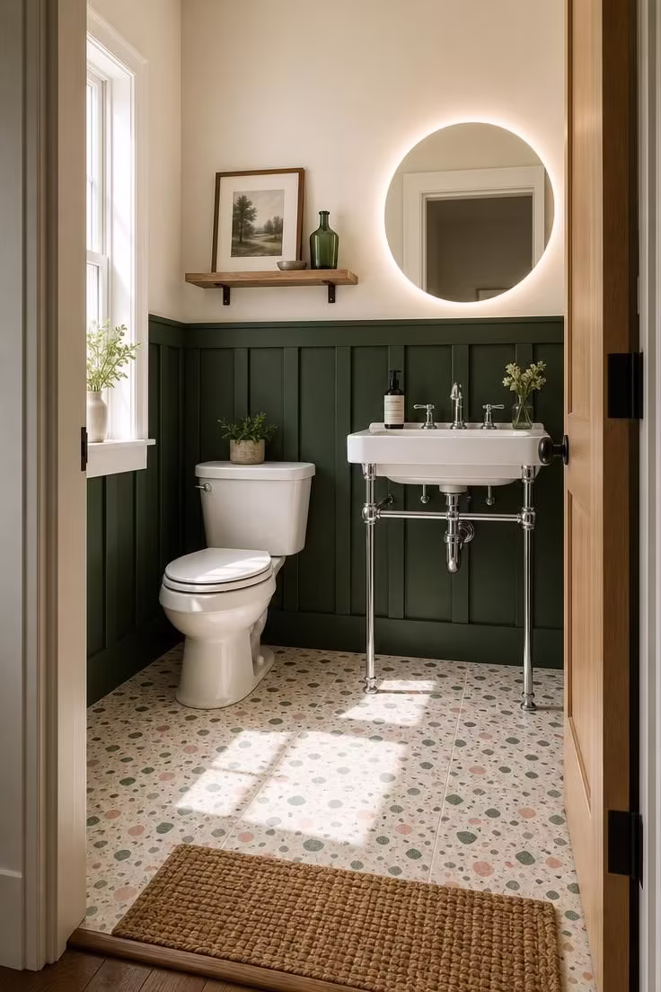 Terrazzo floor tile powder room with forest green board-and-batten paneling and backlit round mirror
