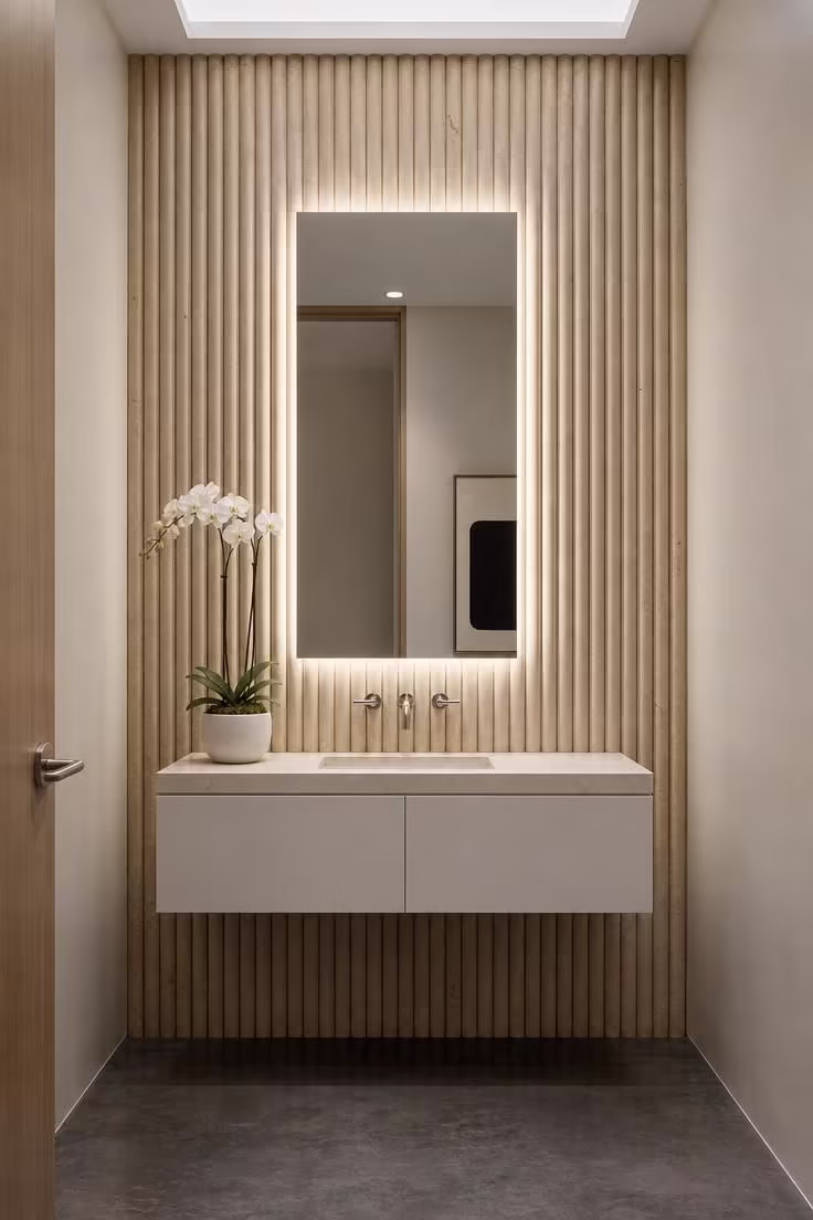Fluted limestone feature wall powder room with backlit LED mirror and matte white floating vanity