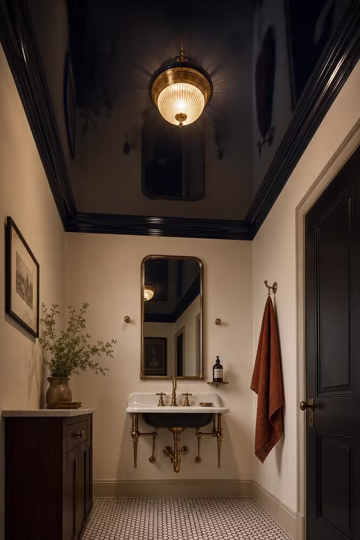 Lacquered midnight blue ceiling powder room with penny round tile floor and brass fixtures