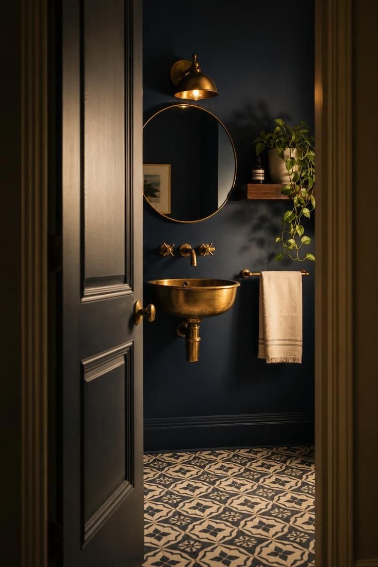 Simple Spaces 15 Dramatic powder room with deep navy walls, brass sink, and patterned tile floor seen through an open paneled door