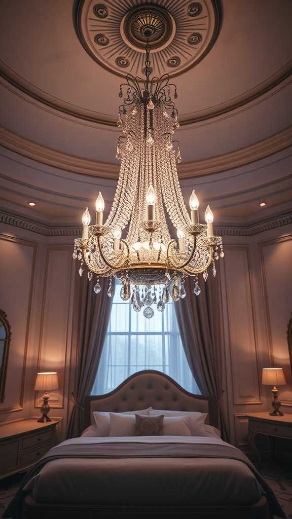 An elegant bedroom featuring a luxurious chandelier and stylish decor.