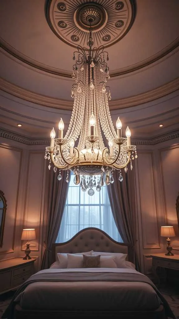 21 Elegant Bedroom Ideas for a Sophisticated Luxury Feel 4 An elegant bedroom featuring a luxurious chandelier and stylish decor.