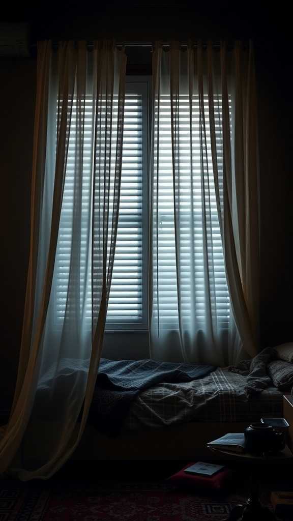 A cozy dark bedroom with sheer curtains and blinds at the window