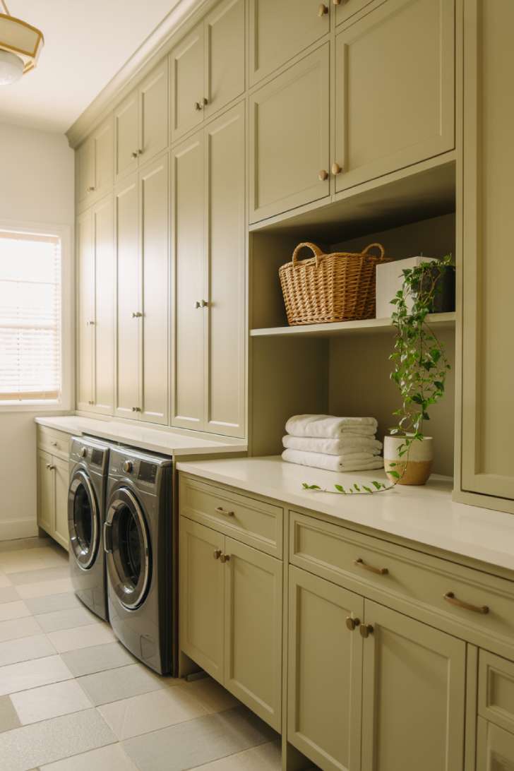 11 Beautiful Dream Laundry Room Ideas for Your Home 1 Floor-to-ceiling sage green laundry room cabinets with brass hardware and quartz countertop