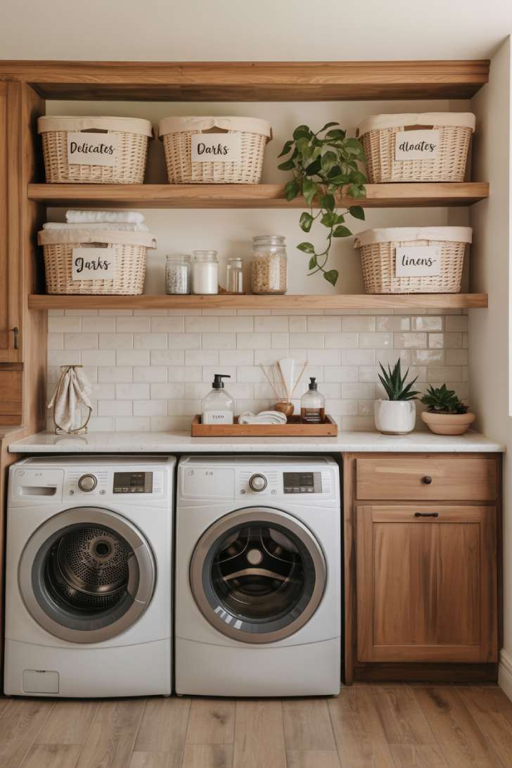 11 Beautiful Dream Laundry Room Ideas for Your Home 10 Laundry room open oak shelving with labeled linen baskets, glass jars, and trailing pothos plant