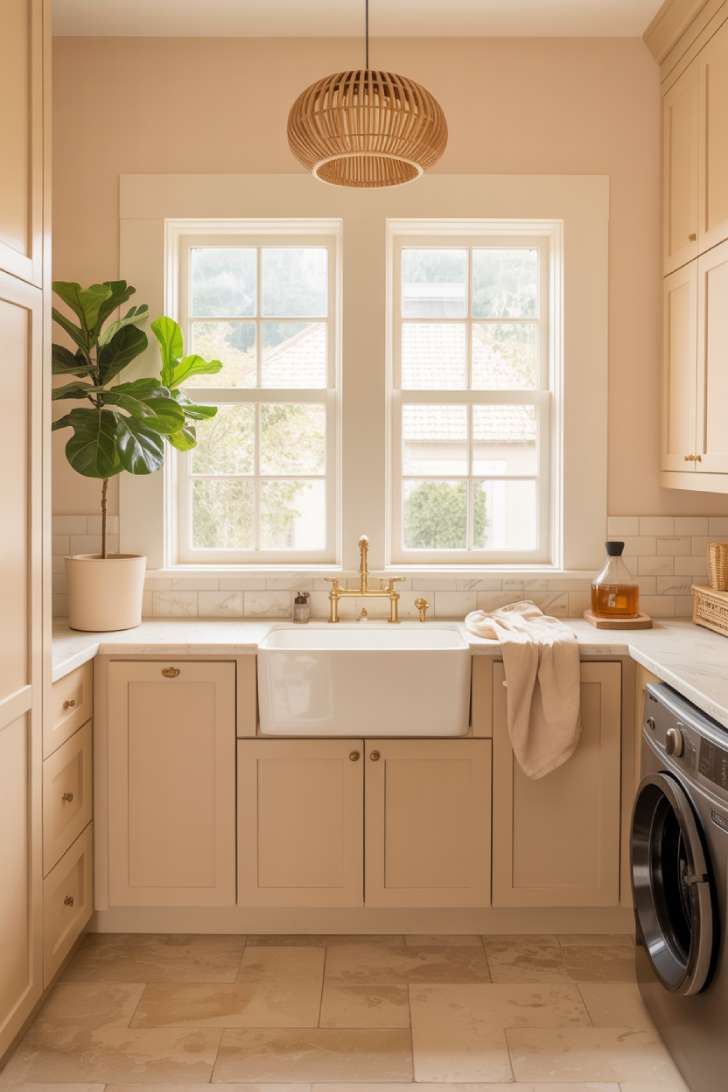 11 Beautiful Dream Laundry Room Ideas for Your Home 11 Spa-inspired laundry room with warm cream cabinets, honed marble countertop, travertine floor, and fiddle-leaf fig