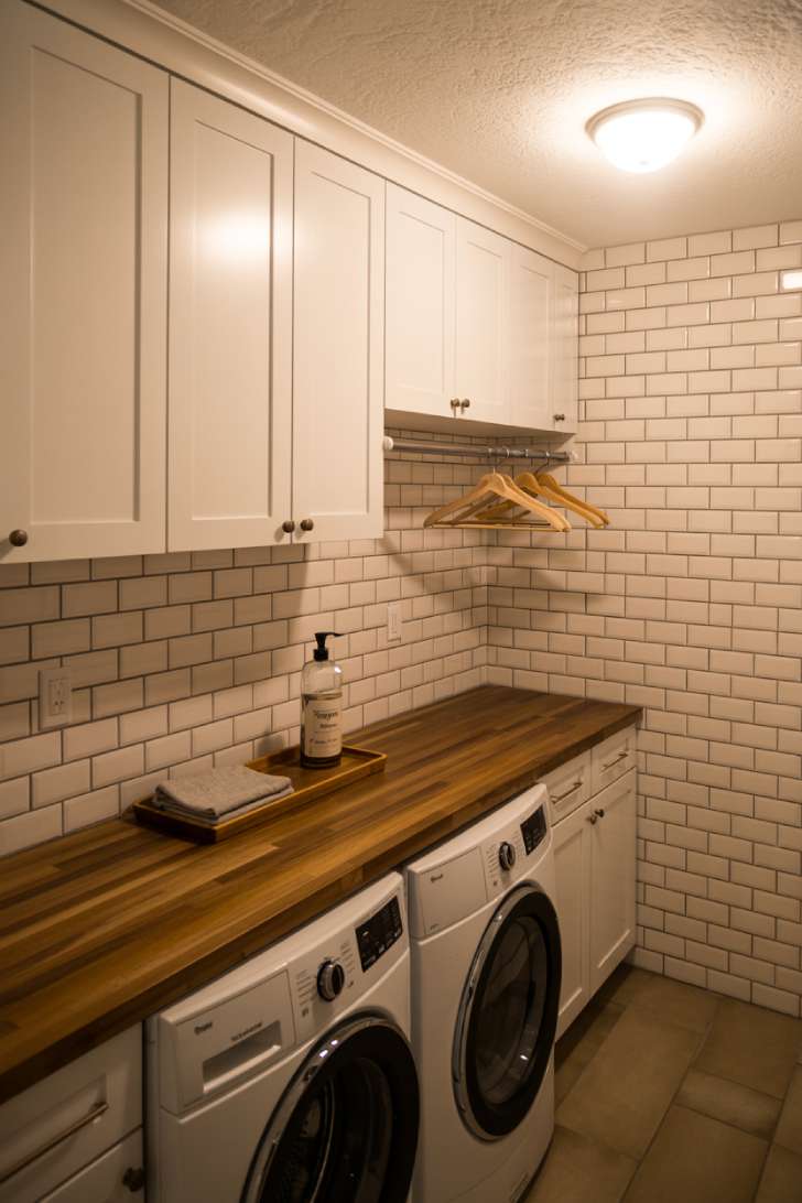 11 Beautiful Dream Laundry Room Ideas for Your Home 2 White front-load washer and dryer with butcher block countertop and vertical subway tile backsplash
