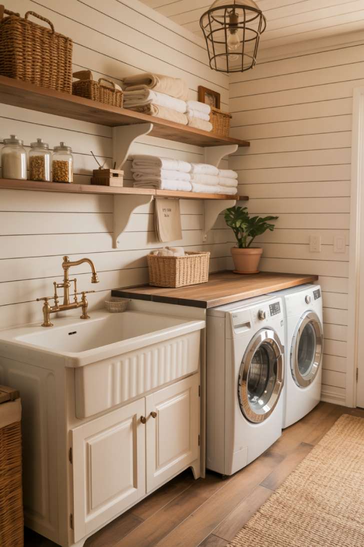 11 Beautiful Dream Laundry Room Ideas for Your Home 3 Farmhouse laundry room with shiplap walls, apron sink, open wood shelving, and jute runner rug