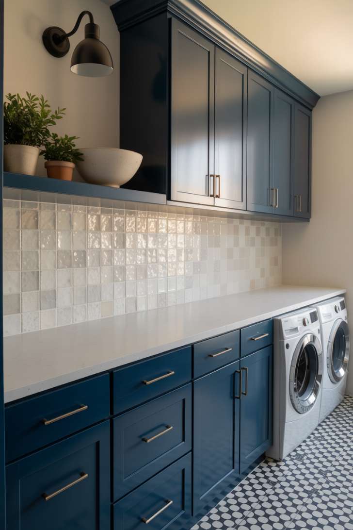 11 Beautiful Dream Laundry Room Ideas for Your Home 4 Two-tone navy and white laundry room cabinets with zellige tile backsplash and geometric floor tile