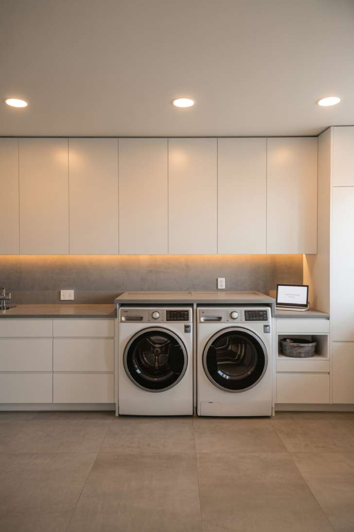 11 Beautiful Dream Laundry Room Ideas for Your Home 5 Modern smart laundry room with digital washer-dryer display, handleless white cabinets, and LED under-cabinet lighting