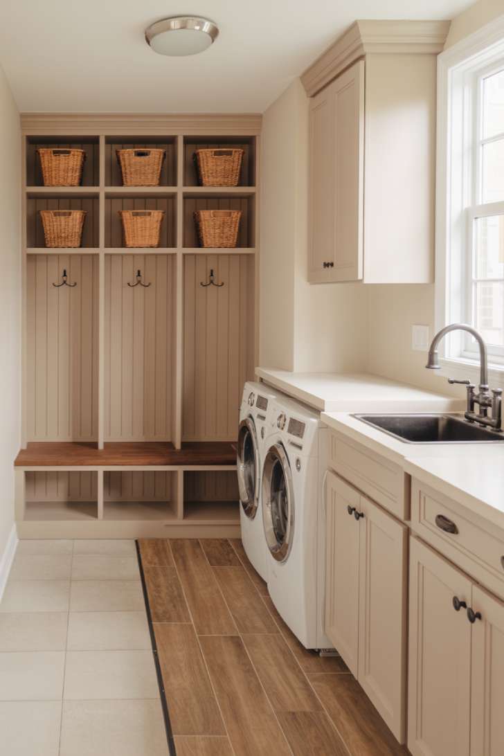 11 Beautiful Dream Laundry Room Ideas for Your Home 6 Mudroom and laundry room combo with built-in bench, cubbies, coat hooks, and front-load washer dryer