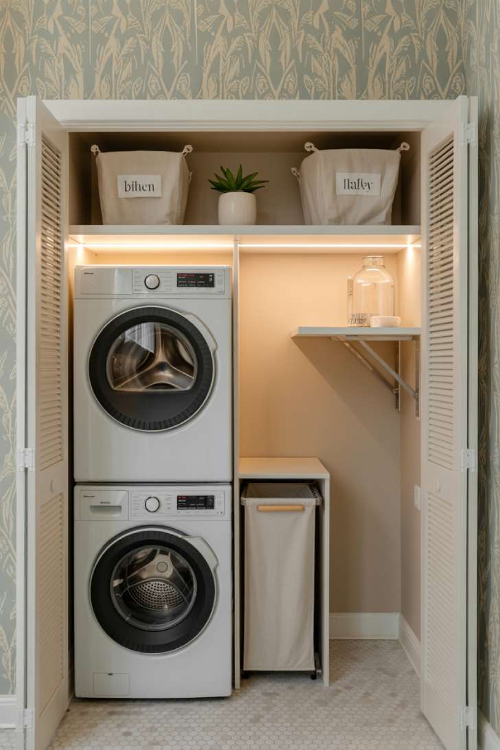 11 Beautiful Dream Laundry Room Ideas for Your Home 7 Compact laundry closet with stacked washer dryer, botanical wallpaper, floating shelves, and pull-out hamper
