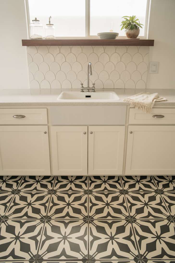 11 Beautiful Dream Laundry Room Ideas for Your Home 8 Laundry room with bold Moroccan-pattern encaustic floor tile, scallop ceramic backsplash, and white shaker cabinets