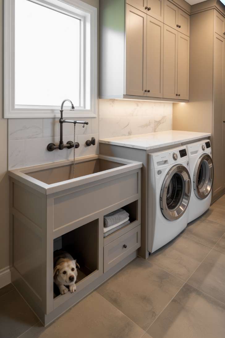 11 Beautiful Dream Laundry Room Ideas for Your Home 9 Luxury laundry room with built-in dog washing station, matte black hand shower, and marble-look backsplash