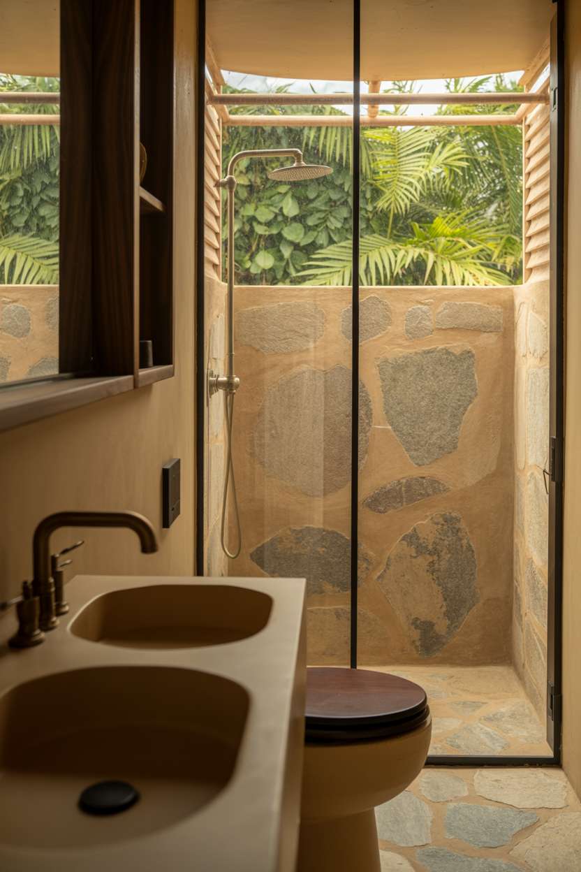 23 Stunning Earthy Bathroom Ideas to Create Natural Calm 1 Minimalist bathroom featuring a brushed bronze faucet, modern toilet with dark wood seat, and glass-enclosed shower with natural stone tiling