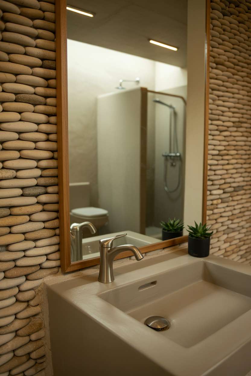 23 Stunning Earthy Bathroom Ideas to Create Natural Calm 2 Serene bathroom with concrete sink, brushed nickel faucet, and dramatic stacked river stone accent wall