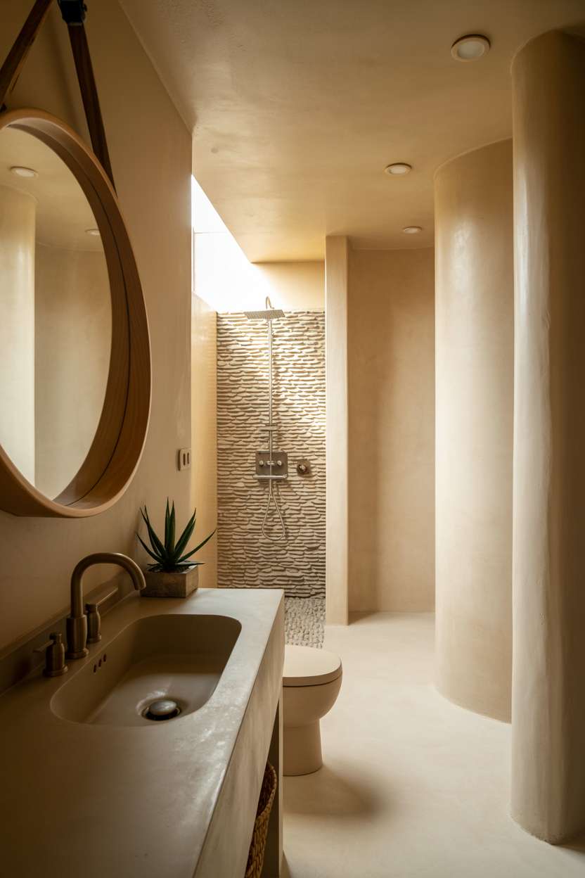 23 Stunning Earthy Bathroom Ideas to Create Natural Calm 3 Bathroom featuring concrete countertop sink with a brushed brass faucet, circular wood-framed mirror, and river stone shower tiling