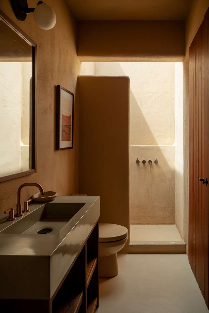 23 Stunning Earthy Bathroom Ideas to Create Natural Calm 4 Bathroom with concrete sink on dark wood vanity, copper faucet, textured clay plaster walls, and desert landscape artwork