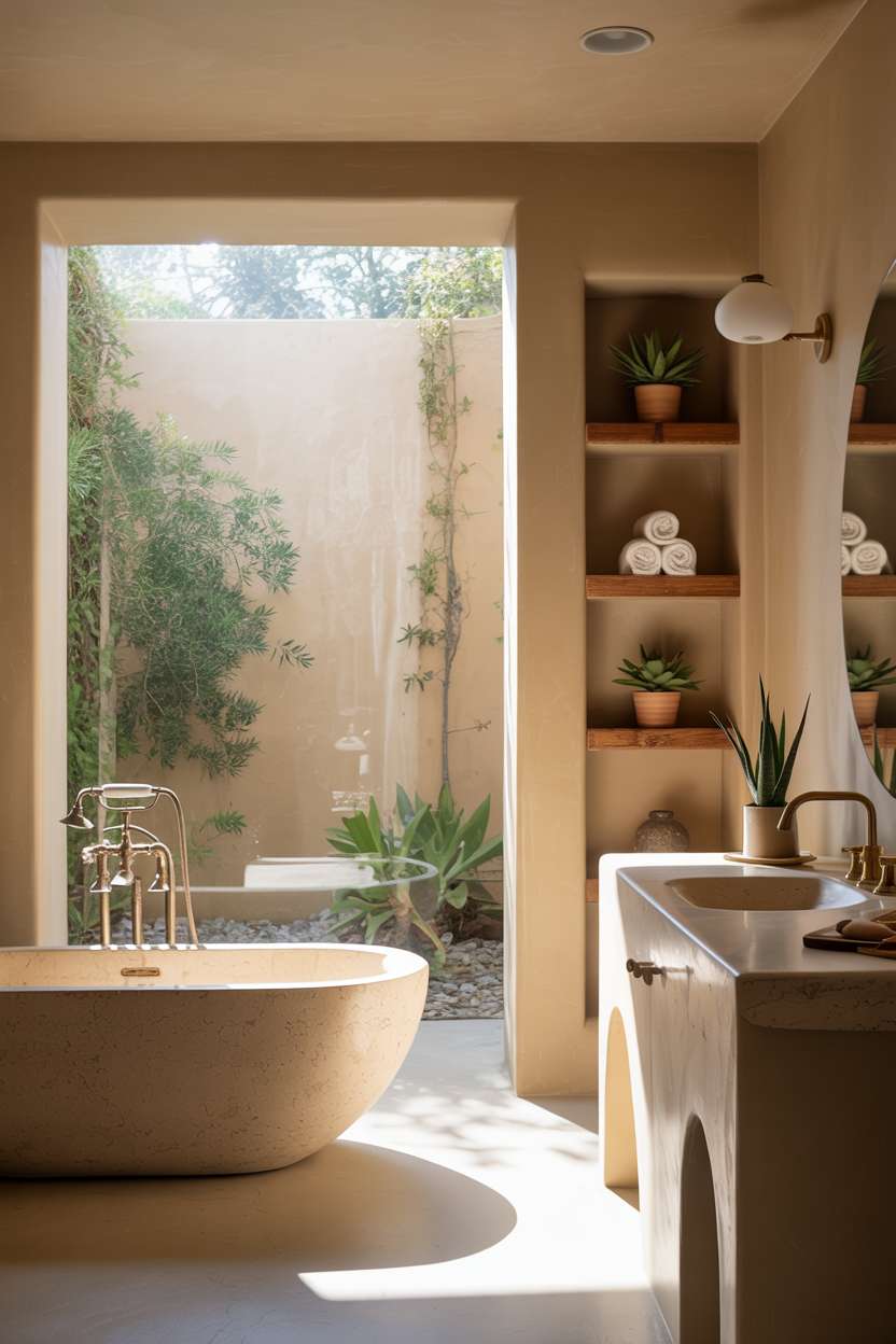 23 Stunning Earthy Bathroom Ideas to Create Natural Calm 5 Oval freestanding soaking tub positioned by large window with garden view, textured beige plaster walls, wooden shelving with plants