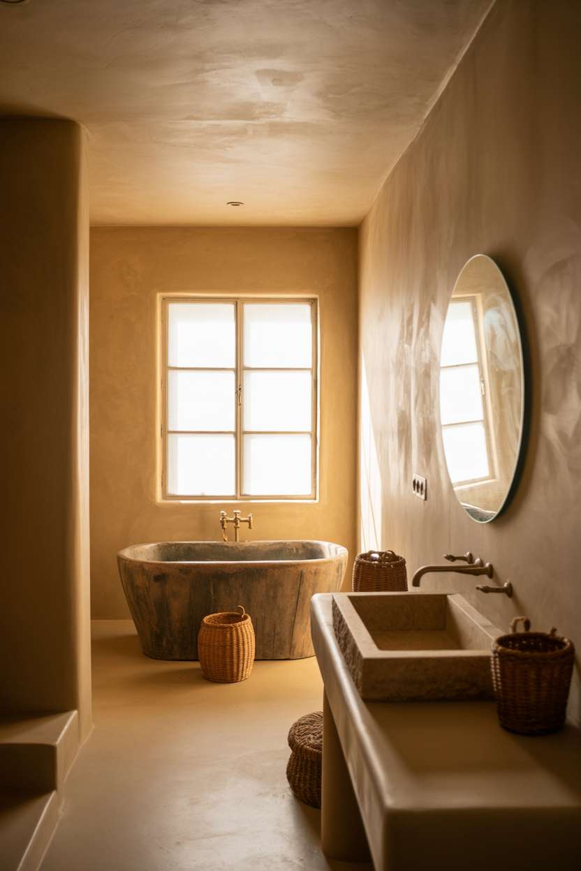 23 Stunning Earthy Bathroom Ideas to Create Natural Calm 6 Freestanding soaking tub with weathered wood surround, warm beige textured plaster walls, woven baskets, and stone sink