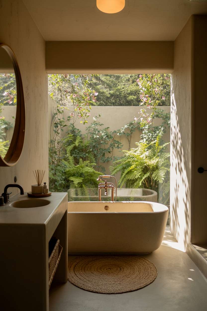 23 Stunning Earthy Bathroom Ideas to Create Natural Calm 7 Freestanding soaking tub with bronze fixtures near large window showing lush backyard with ferns and flowering vines
