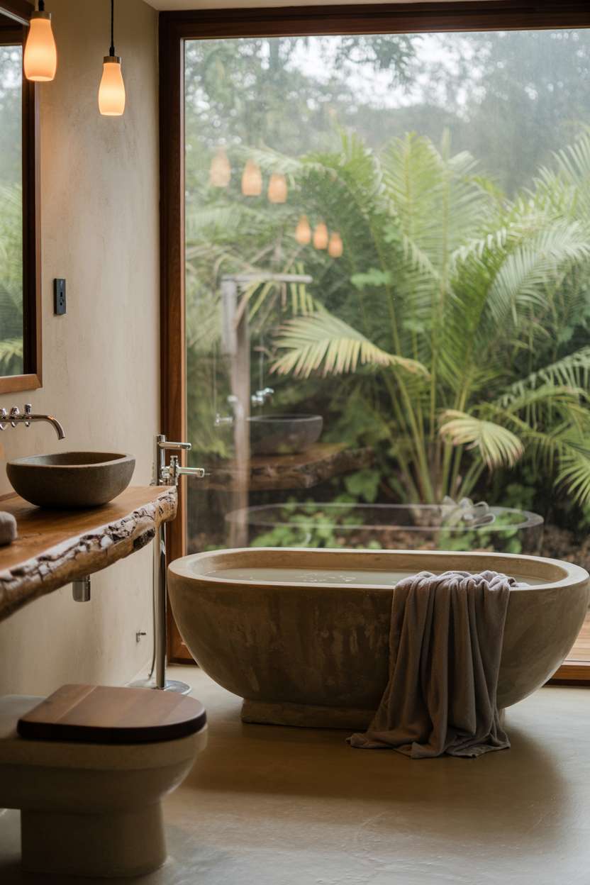 23 Stunning Earthy Bathroom Ideas to Create Natural Calm 8 Polished concrete freestanding soaking tub filled with warm water, wooden vanity with stone sink, pendant lights