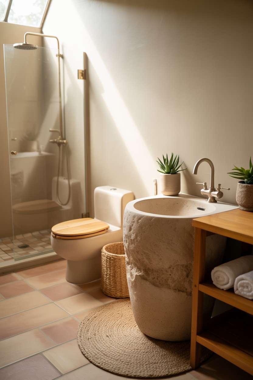 23 Stunning Earthy Bathroom Ideas to Create Natural Calm 9 Rounded freestanding stone sink with brushed nickel faucet, wooden countertop, terracotta floor tiles, and woven jute rug