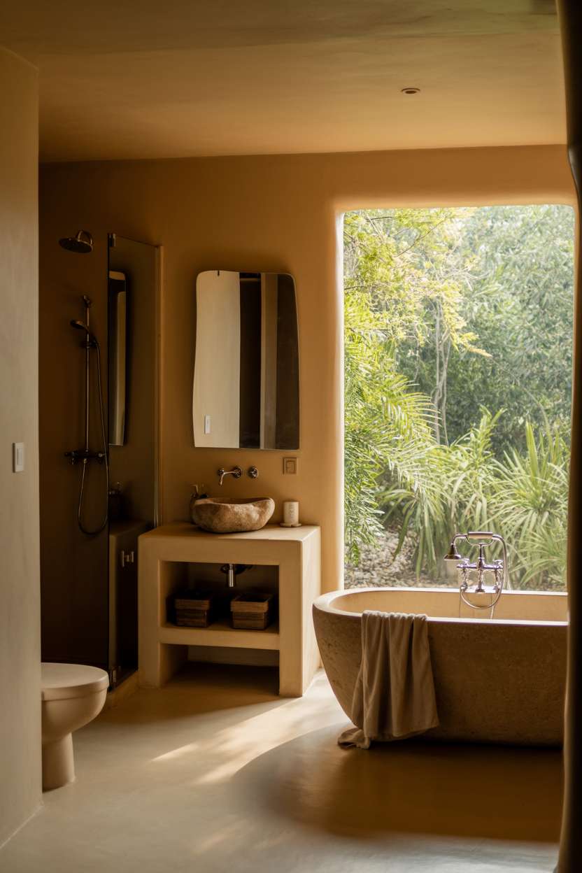 23 Stunning Earthy Bathroom Ideas to Create Natural Calm 10 Freestanding stone bathtub positioned near large window with garden view, linen towels, wooden vanity with stone sink